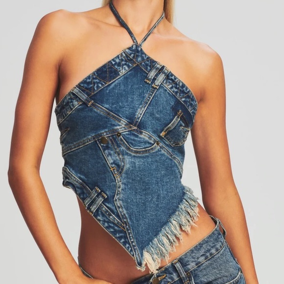 Retrofete Tops - NWT Retrofete Zola Top Patchwork Denim Halter Crop Top Small Vintage Blue Wash